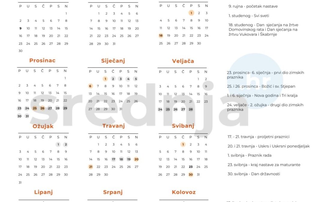 Školski kalendar s praznicima za 2024.-2025. školsku godinu