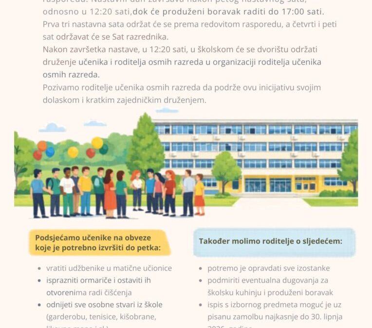 Obavijest za učenike i roditelje – završetak nastavne godine