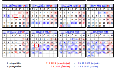Školski kalendar za školsku godinu 2026./2027.