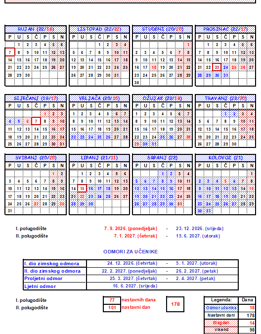 Školski kalendar za školsku godinu 2026./2027.